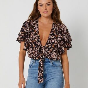 NEW Free People Call Me Later Printed Bodysuit In Black Combo